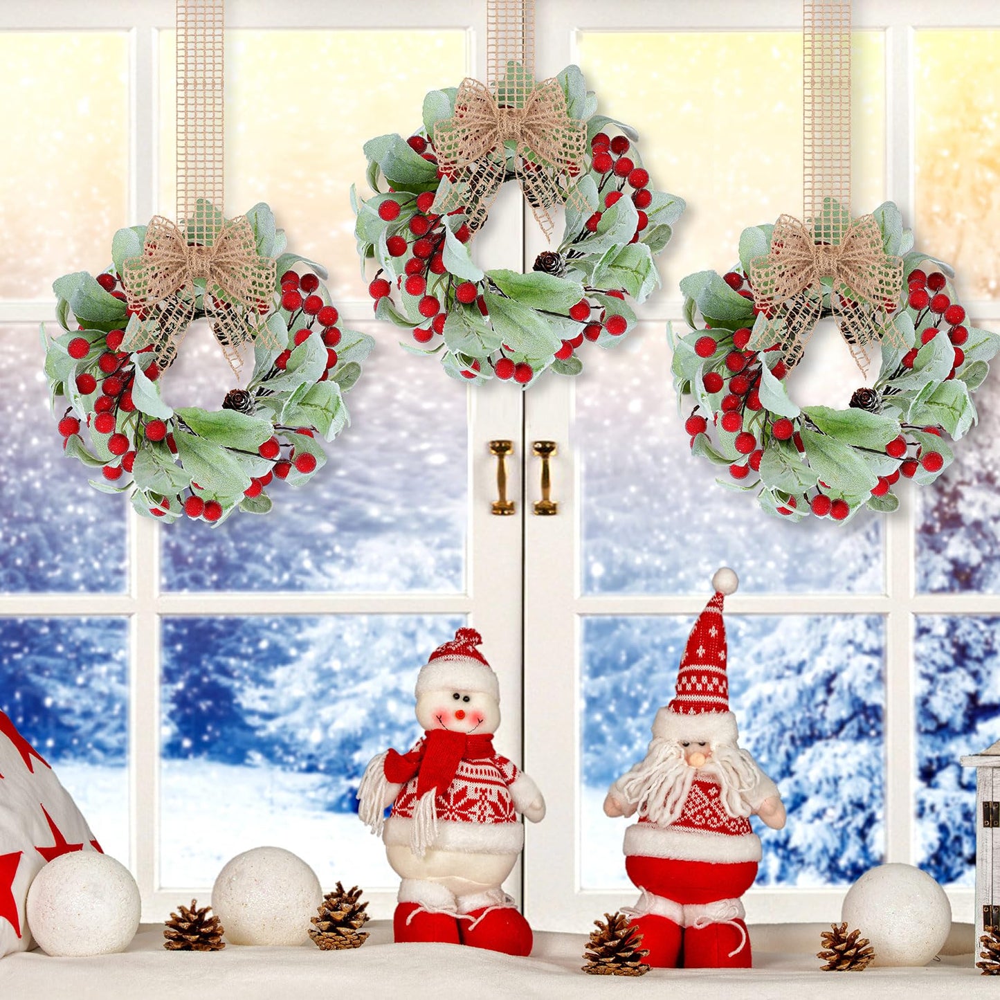 Zeyune 6 Set 9'' Small Wreaths for Kitchen Cabinets Mini Christmas Wreaths Real to Touch Lamb Ear with Burlap Ribbon Red Berry Farmhouse for Xmas Wall Window Indoor Outdoor Chair Decor