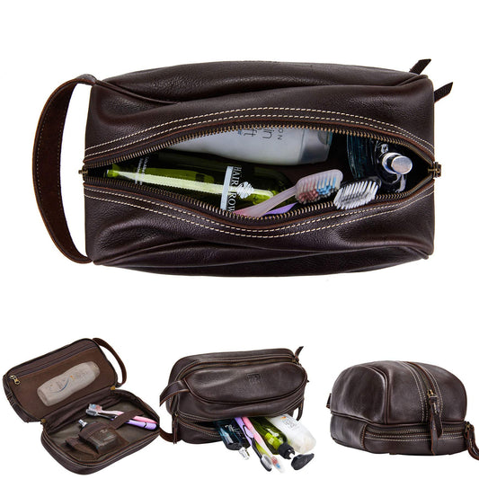 BRASS TACKS Leathercraft Travel Toiletry Organizer Dopp Kit Water-resistant Genuine Leather Shaving Bag for Toiletries Accessories For Men Women (Dark Brown)