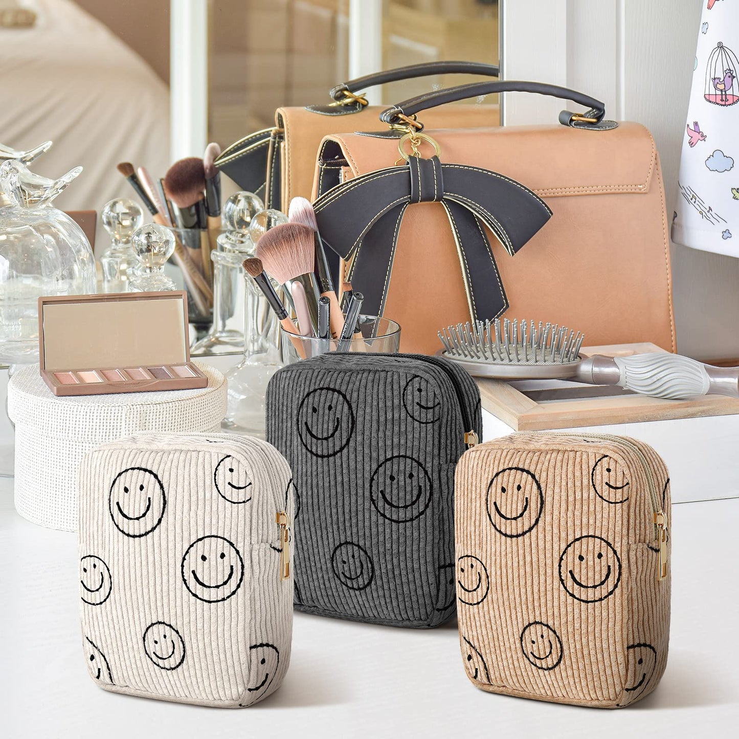 Photect 3 Pcs Small Mini Makeup Bag for Purse Corduroy Cute Cosmetic Bag Smile Face Pencil Pouch Purse Travel Makeup Bags for Women Gifts(Stylish,White, Gray, Yellow)