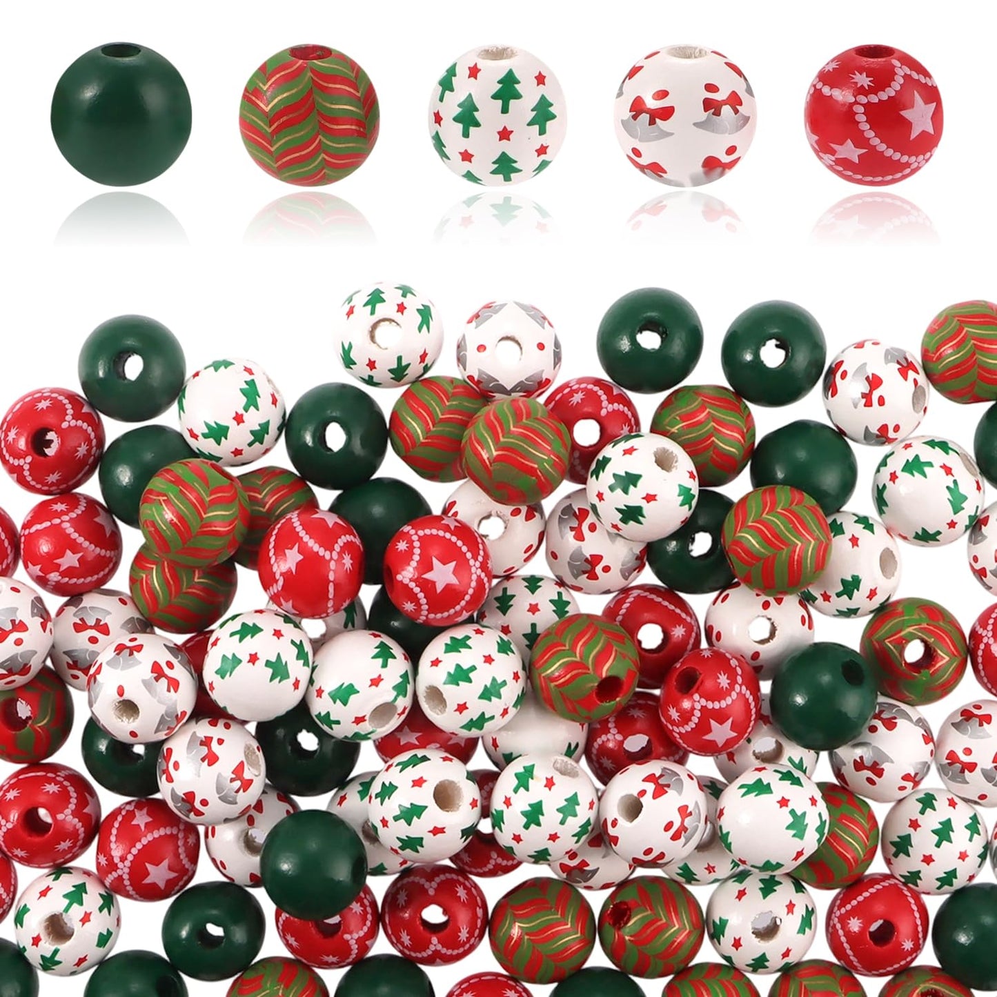 200 Pcs Christmas Wooden Beads for Crafts Red Green Round Craft 5 Styles Christmas Tree Bell Peppermint Swirl for Xmas DIY Garland Jewelry Making Home Decor