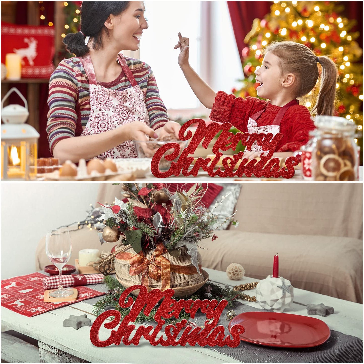 Merry Christmas Signs Merry Christmas Glitter Wood Block Freestanding Tabletop Holiday Home Decor Merry Christmas Freestanding Cutout Wood Block for Xmas Party Table Centerpiece Holiday Decor (Red)