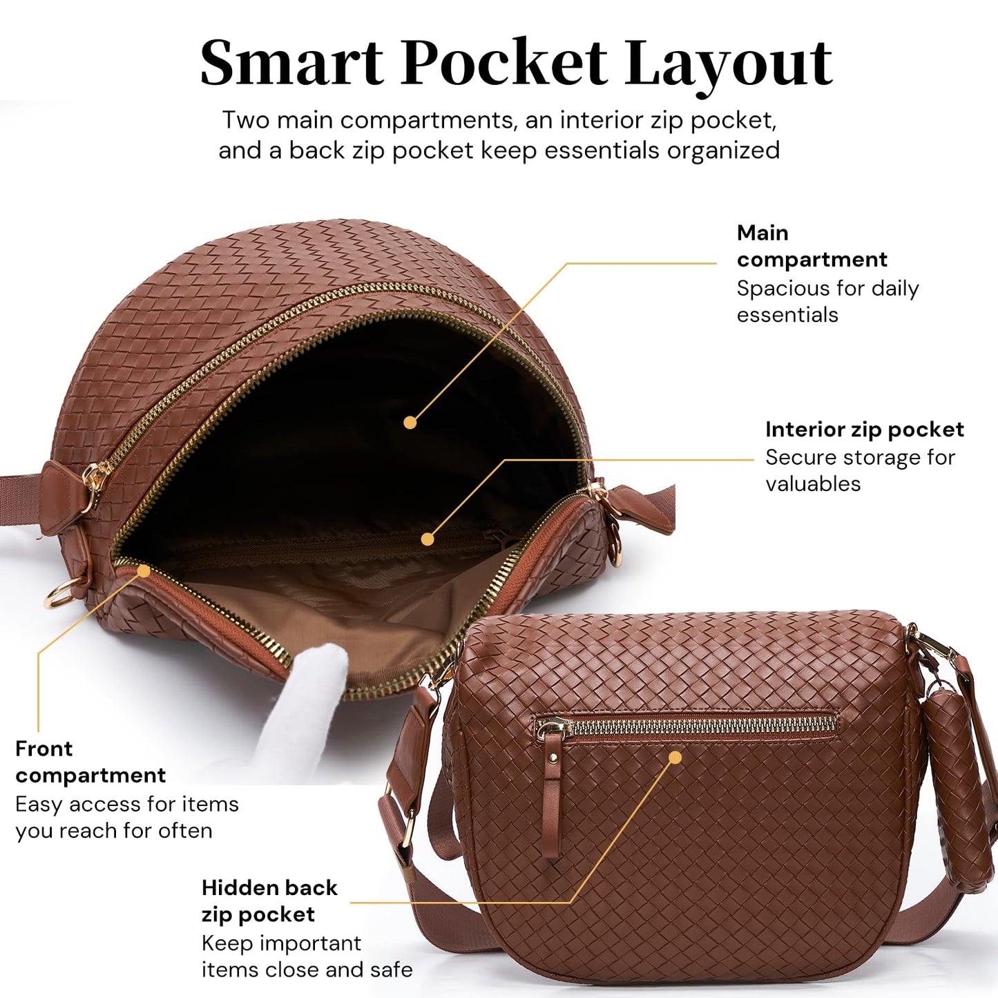 Woven Bum Bags for Women Vegan Leather Crossbody Bag with Coin Purse, Trendy Fanny Packs with Adjustable Wide Strap, Spacious Sling Shoulder Purse for Trave