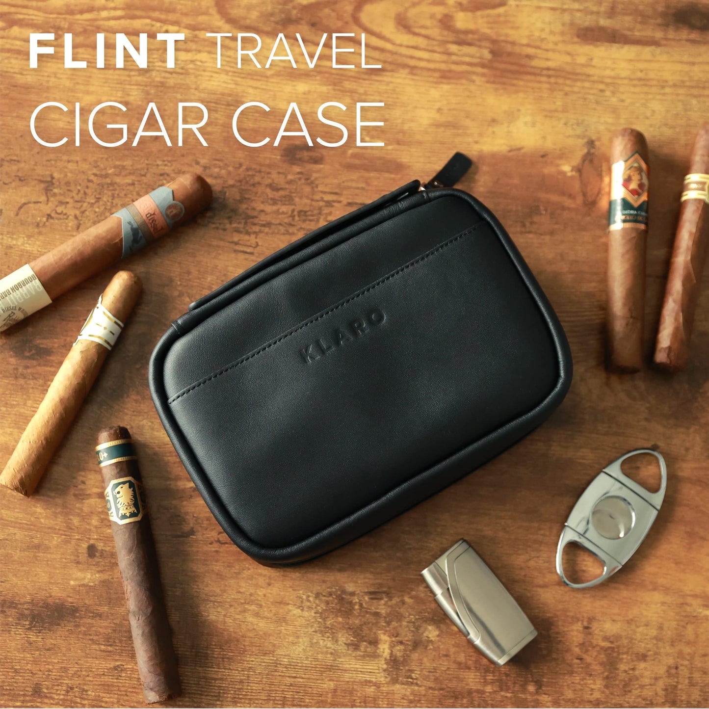 CASE ELEGANCE Klaro Travel Leather Cigar Case, 5 Cigar Storage, 2 Accessory Pockets, Humidification Pocket, Internal Hard-Shell Protection - Black