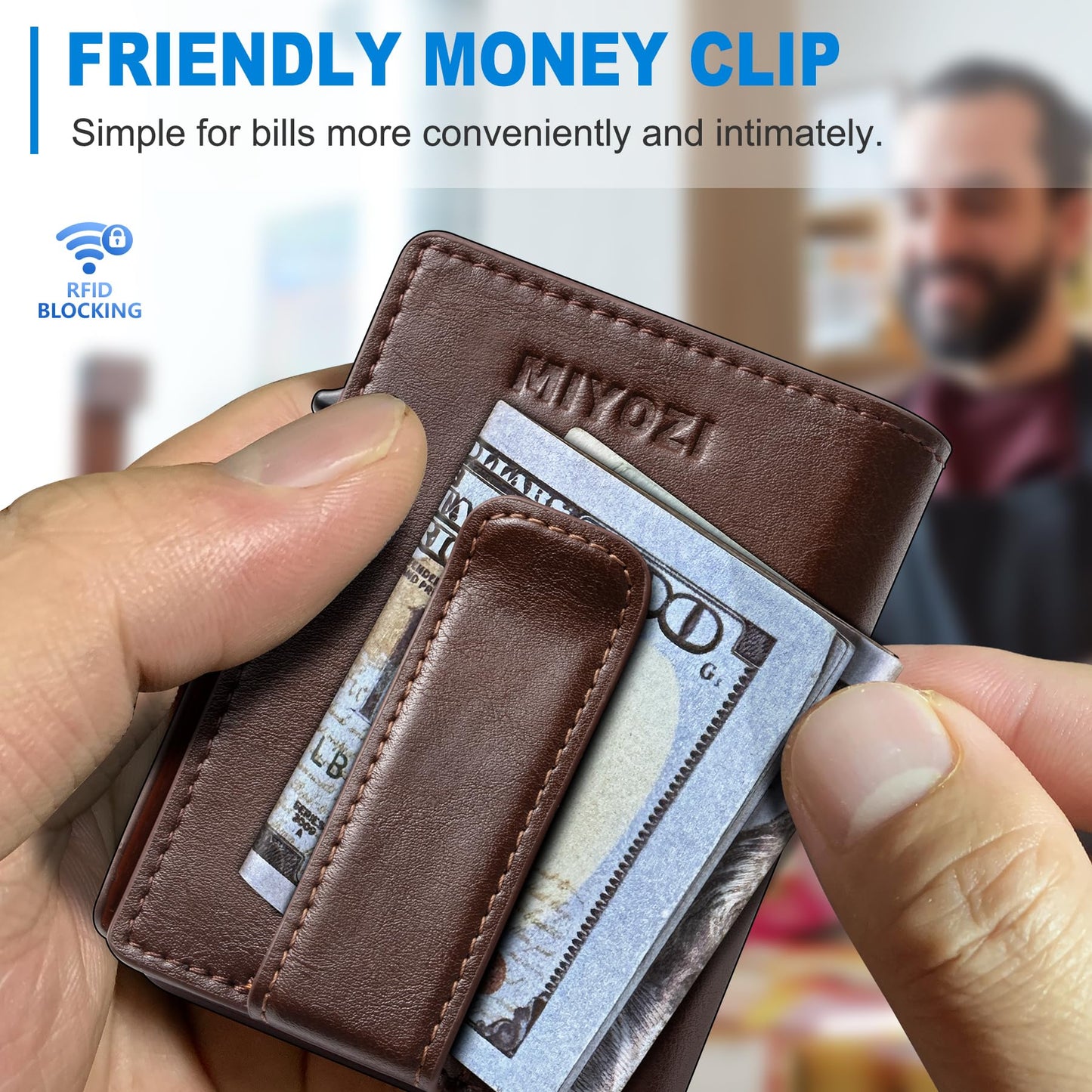 miyozi Wallet for Men, Magnetic Minimalist Slim Wallet with Pop Up Card Holder, 9 Cards RFID Blocking Metal Credit Card Case, Leather Wrapped Money Clip, ID Window & Small Item Slot, Gift Boxed