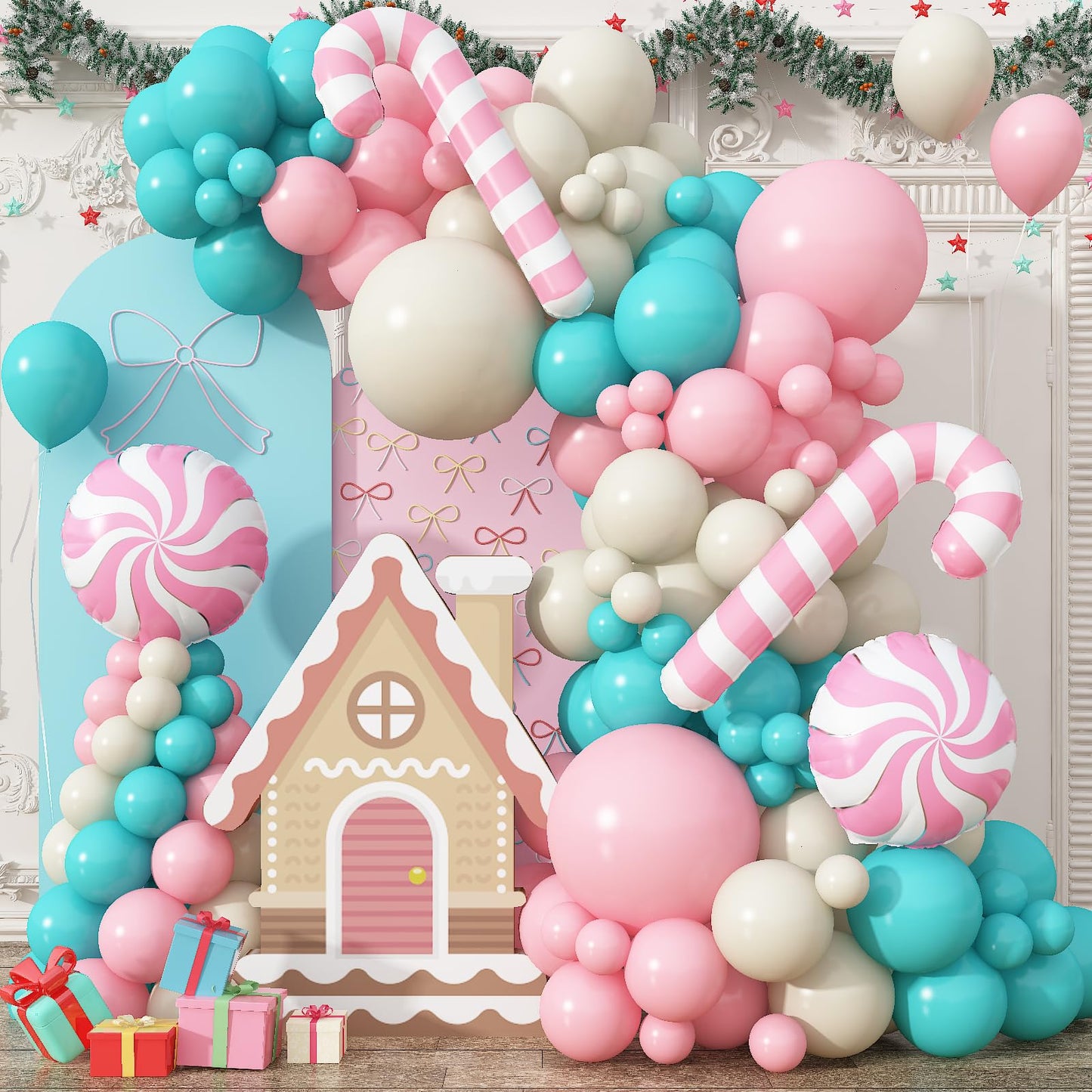 Christmas Gingerbread Balloon Garland Arch Kit Pink Teal Balloons Arch Kit with Candy Cane Foil Christmas Mylar Balloons for Xmas New Year Cookie Exchange Gingerbread House Holiday Party Decorations