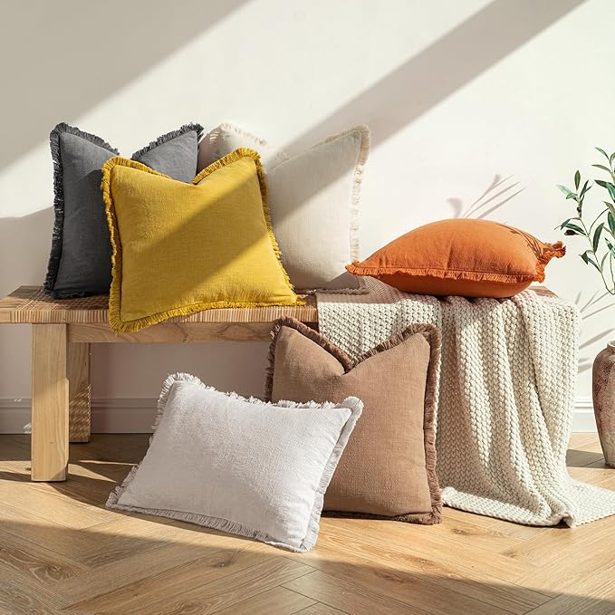 MIULEE Fall Decorative Throw Pillow Covers Neutral Linen Fringe Throw Pillows Set of 2 Burnt Orange Boho Farmhouse Cushion Covers with Tassels for Couch Sofa Bed Living Room Home Decor 22x22 Inch