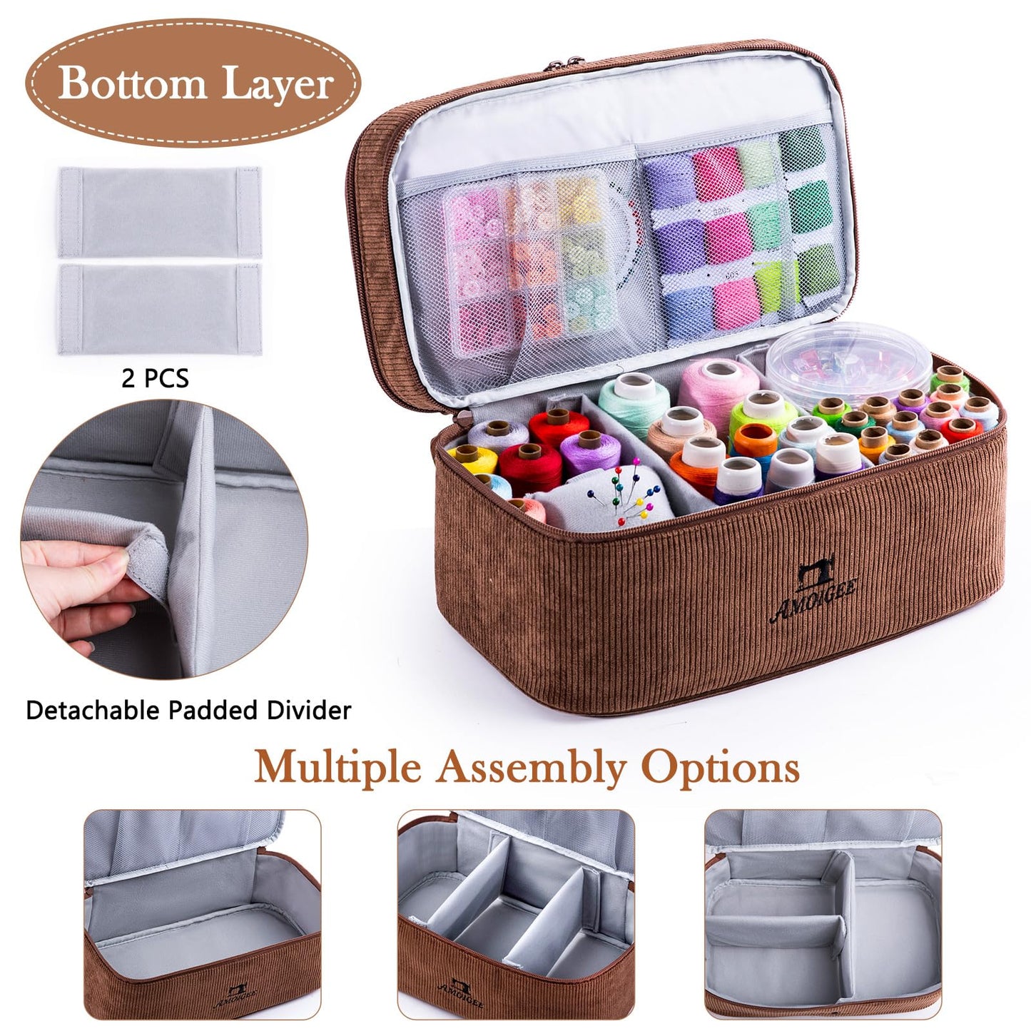 AMOIGEE Double-Layer Sewing Accessories Organizer with Pin Cushion – Large Sewing Storage Bag for Thread, Notions & Tools – Portable Travel Sewing Tote for Quilting, Embroidery & Crafts Gift (BagOnly)