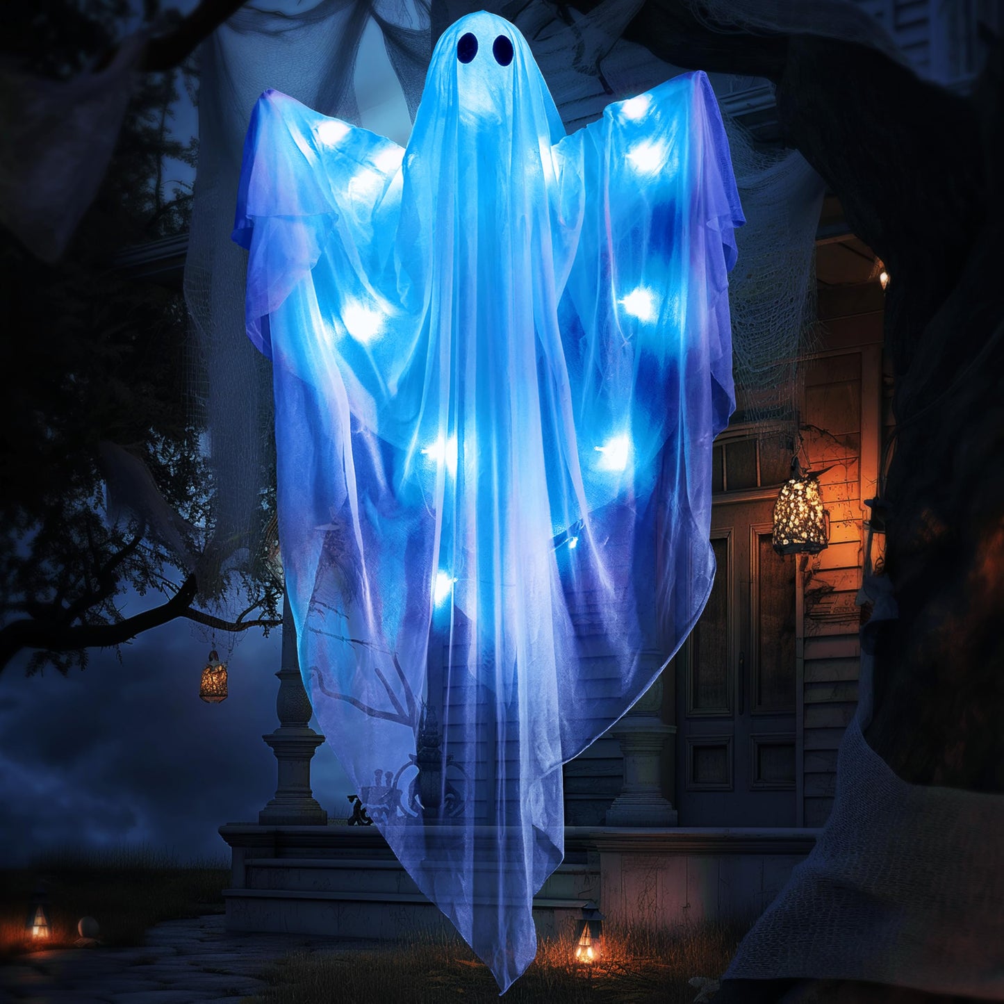 JOYIN Halloween Hanging Light up Ghost, 47” White Ghosts with Blue LED Light and Timer Halloween Hanging Decoration Waterproof for Front Yard Patio Lawn Garden Party Decor Indoor Outdoor