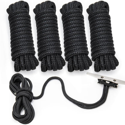PropelTech 4 Pack 3/8" x 15’ Boat Dock Lines for Boat & Pontoon, Premium Marine- Grade Double Braided Nylon Dock Line, Pre-Spliced with a 12" Eyelet-Black,Boating Gifts for Men