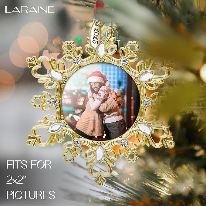 Laraine Christmas Tree Ornaments – Decorative Hanging 2025 Holiday Keepsake Gift Snowflake Pendant with 2” Photo Frame Insert for Picture of Pet (Snowflake Gift Set (2025))