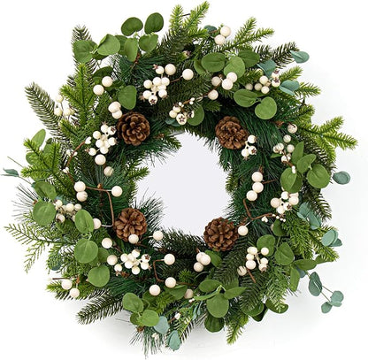20 Inches Vintage Christmas Wreath Classic Christmas Wreaths for Front Door Rustic Holiday Winter Wreath with White Berry Pine Cones for Doors Windows Indoors Outside Hanging Decoration