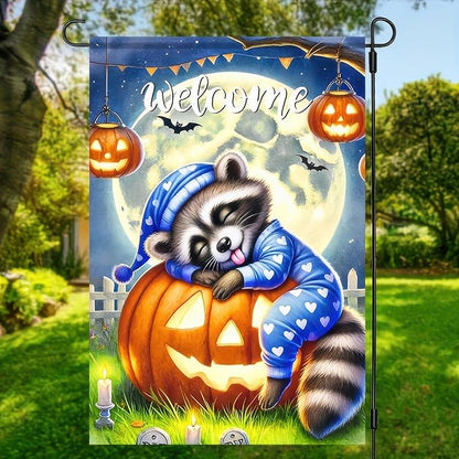 Halloween Raccoon Jack O Lantern Garden Flag Double Sided, Halloween Holiday Decorative Yard Outdoor Home Small Decor, Fall Autumn Outside House Decoration 12 x 18 inch
