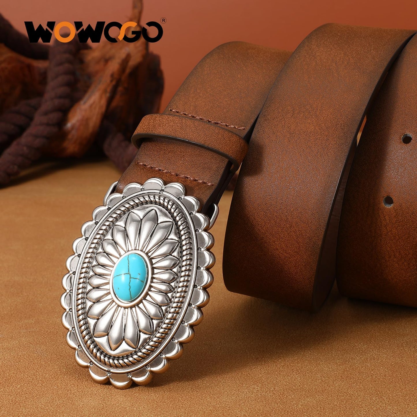 WOWOGO Women-Western-Cowgirl-Belt-Country-Concho Vintage Leather Belt with Concho Turquoise Buckle,Coffee