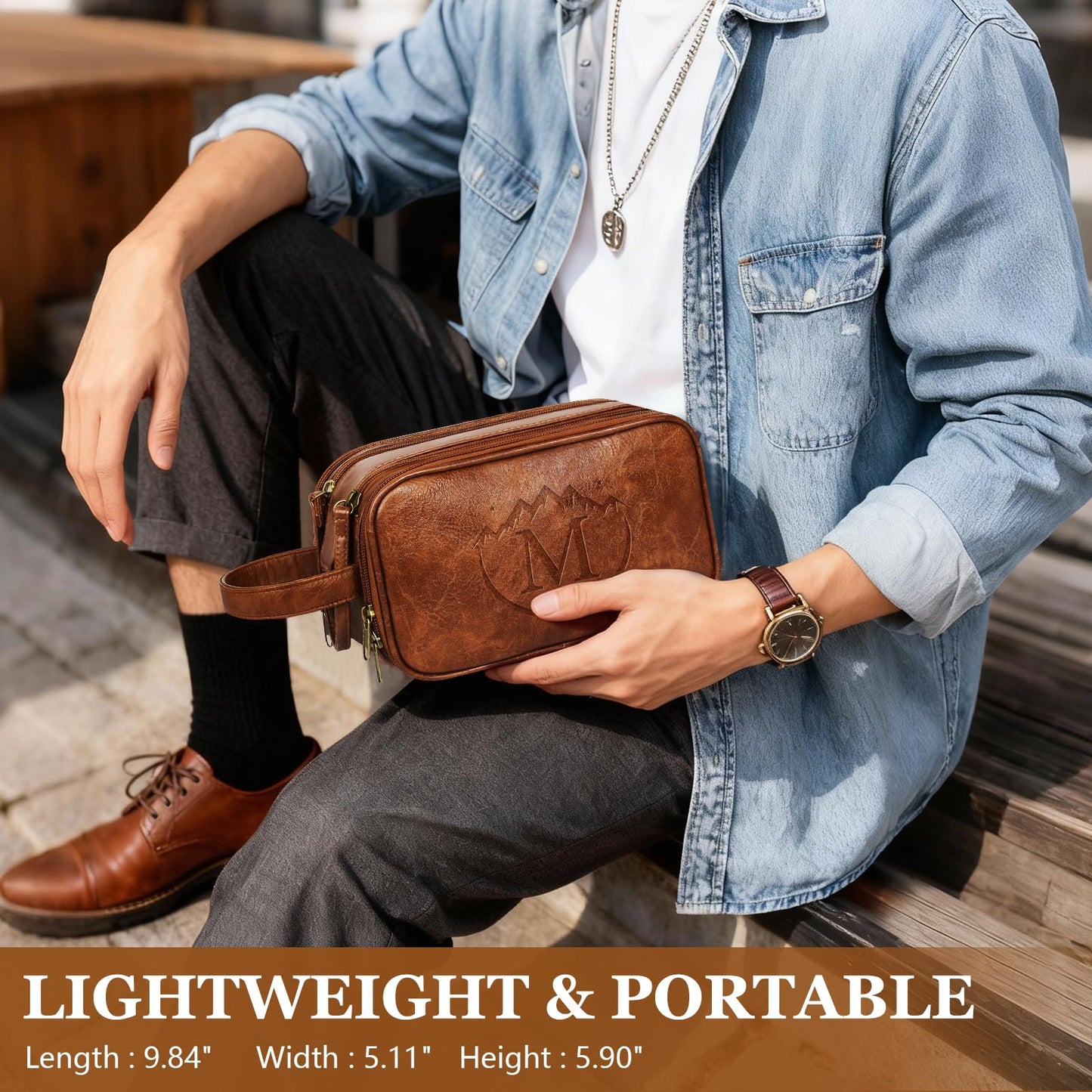 Personalized Toiletry Bag for Men,Father Day Gift for Dad Husband,Engraved Mens Toiletry Travel Bag,Waterproof PU Leather Shaving Bag,Mens Birthday Gift Ideas for Him,Groomsmen Gifts Brown- M