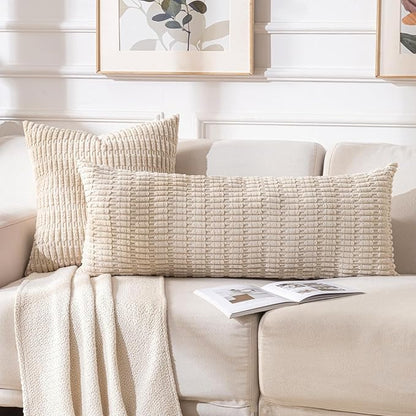 Fancy Homi Tan Long Body Lumbar Decorative Throw Pillow Cover 14x36 Inch for Bed Couch Bedroom Bench, Soft Corduroy Rectangle Solid Pillow Case 35x91 cm, Beige Rustic Farmhouse Boho Room Decor