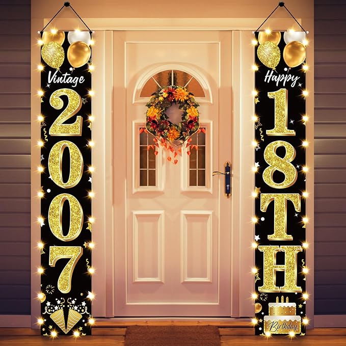 18th Birthday Party Banner Lighted Decorations for Men and Women - Black Gold Vintage 2007 18th Birthday Door Banners with LED Light, Eighteen Years Birthday Party Supplies for Indoor Outdoor Decor