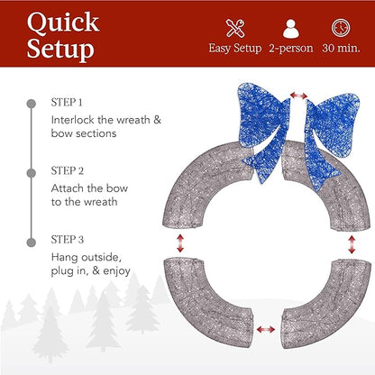 Best Choice Products 60in Pre-Lit Outdoor Christmas Wreath Decoration, LED Metal Holiday Decor for Home Exterior, Garden w/ 206 Lights, Bow - Hanukkah Silver/Blue