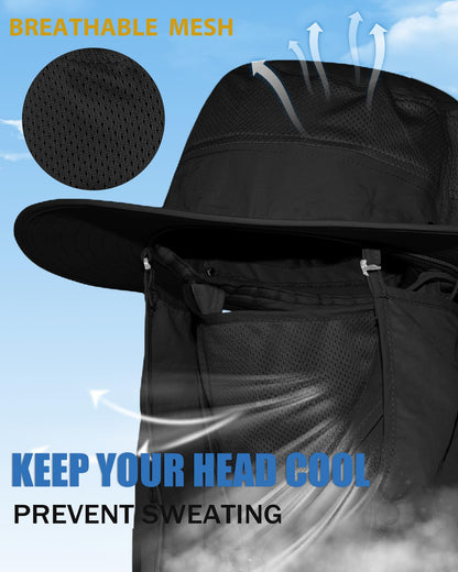 Wide Brim Sun Hat with Detachable Face Cover & Neck Flap Waterproof Safari Fishing UPF 50+ UV Protection Hat for Men Women Black