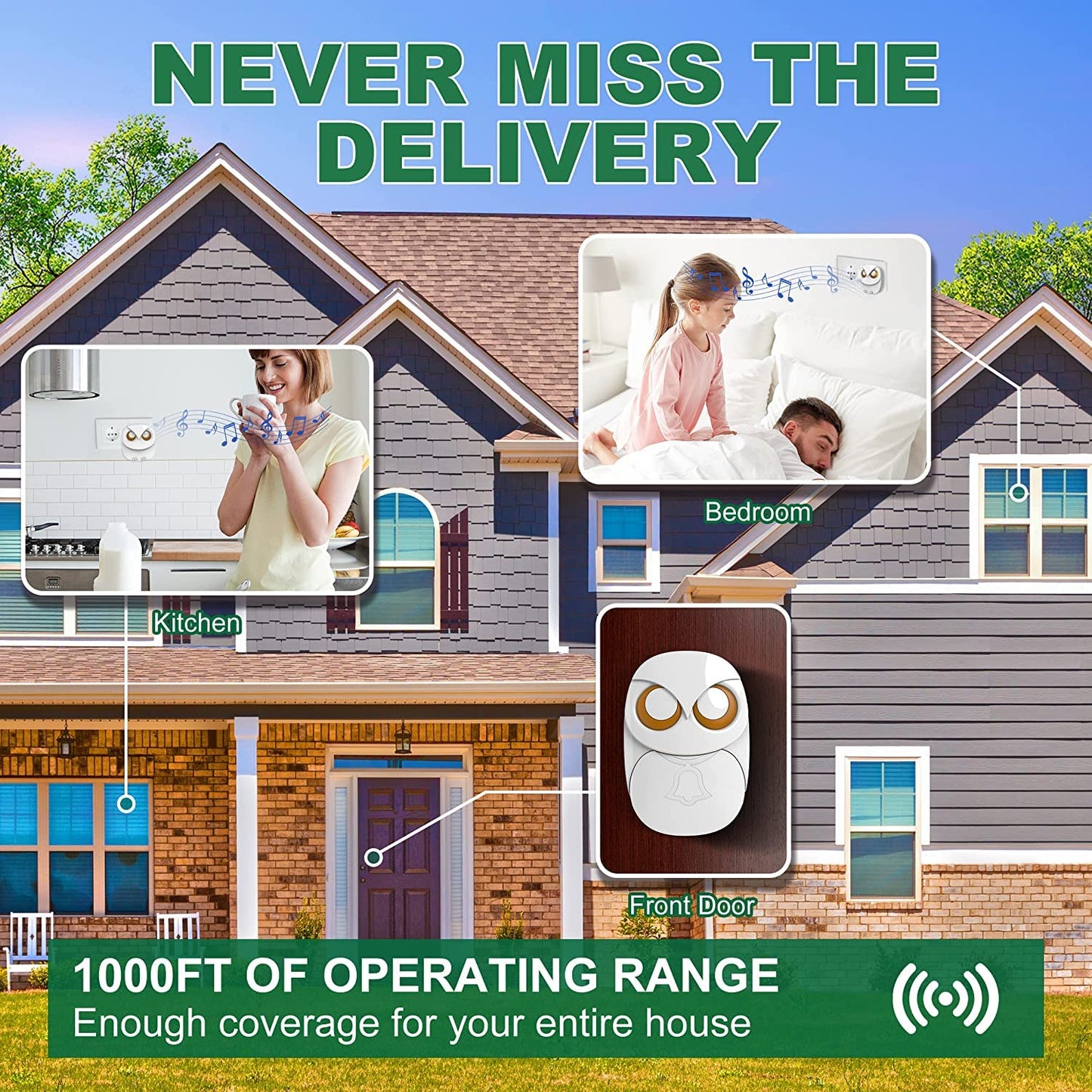 Wireless Doorbell, Cute Owl Doorbell Weatherproof IP55 Outdoor Remote Push Button- 1000 Feet Long Wireless Range, 1 Receiver + 1 Transmitter, Black