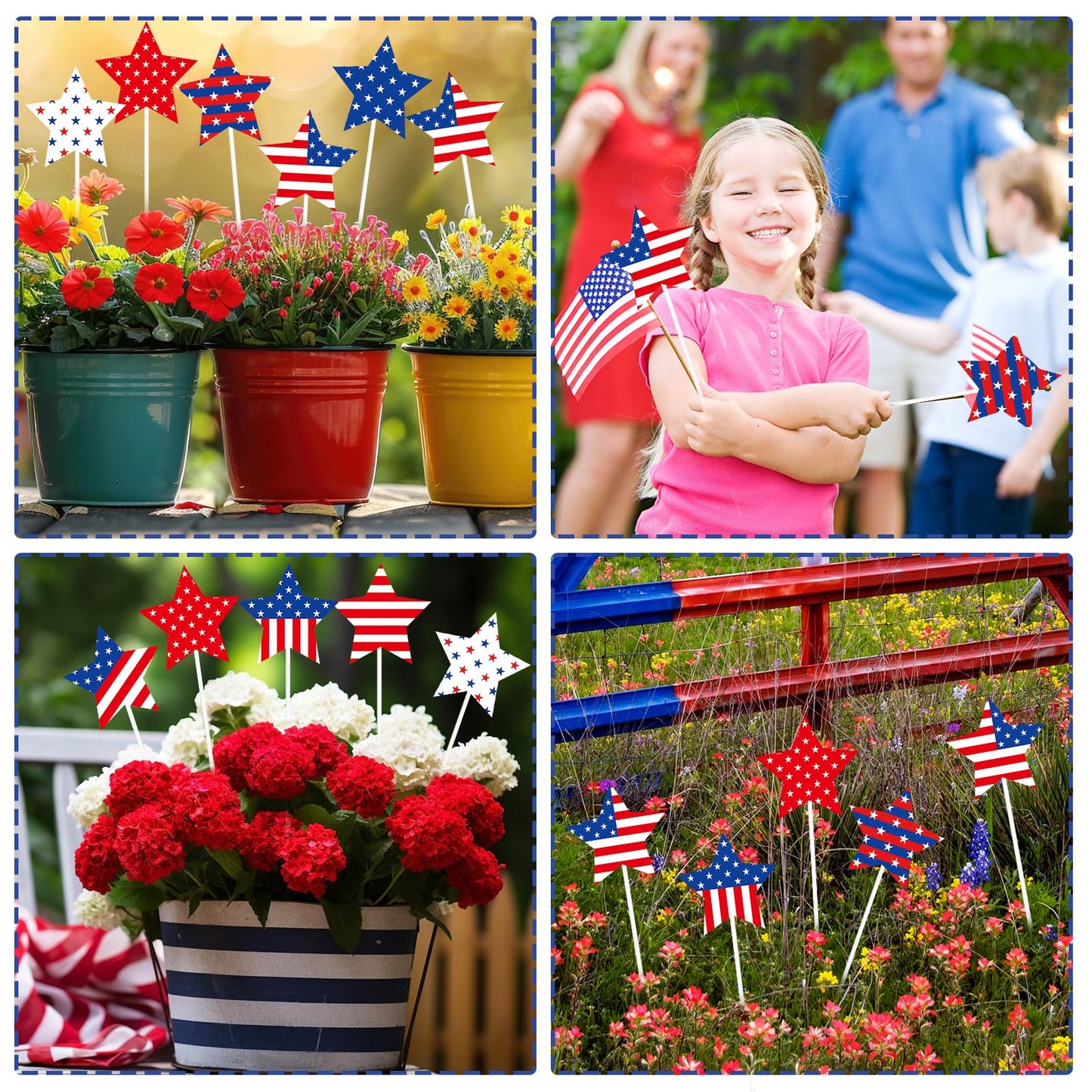 JarThenaAMCS 9Pcs Patriotic Star Metal Planter Stakes 4th of July Decorative Garden Stakes Star and Stripes Yard Sign for 250th Anniversary Planter Pot Walkway Lawn Independence Day Decor
