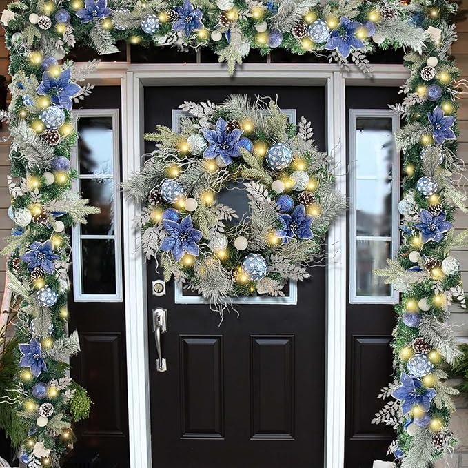 WANNA-CUL Pre-Lit 24 Inch Christmas Wreath for Front Door Silver Blue Lighted Christmas Door Wreath Decoration with Ball Ornaments, Poinsettia Flowers,Pine Cones, Battery Operated 30 LED Lights
