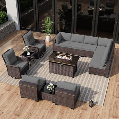 ALAULM 13 Pieces Patio Furniture Set with 2 Swivel Chairs Patio Furniture Outdoor Sectional Sofas with 55000 Gas Fire Pit Patio Conversation Set w/10 Cushions-Grey