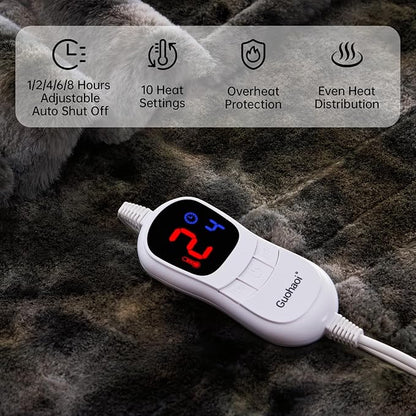 Guohaoi Heated Blanket Electric Throw, Soft Faux Rabbit Fur Electric Blanket with 10 Heating Levels 5 Sitting Timer Auto Off, Cozy Warm Heating Blankets, Machine Washable(50"×60" Dark Grey)