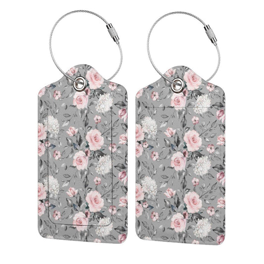 BLOCIT 2 Pack PU Luggage Tag for Suitcase Cute Unique Leather Suitcase Tags Identifiers with Privacy Name ID Label and Metal Loop for Baggage Handbag School Bag Backpack (Gray Pink Roses Flower)