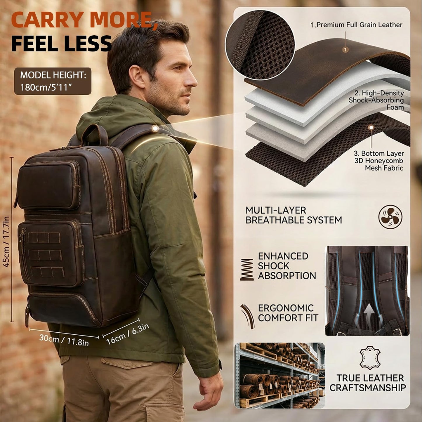 Full Grain Leather Backpack for Men, 17” Laptop Shoulder Bag, Large Capacity Travel Business Rucksack with YKK Zippers, Ergonomics S-Shape Padded Straps, Multi Pockets, Water Bottle Pocket, Brown