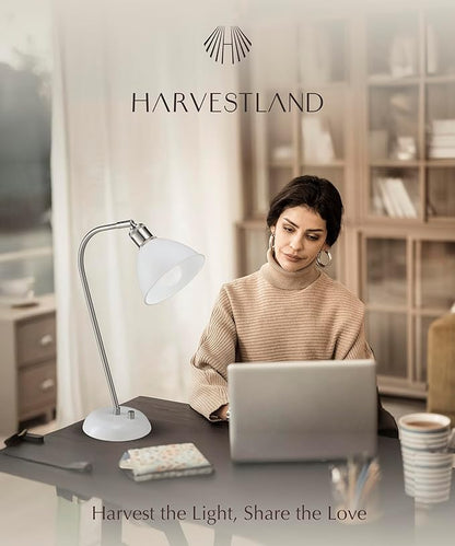 HarvestLand Halo Silver White Adjustable Desk Lamp – Reading Lamp, Pharmacy Style Metal Desk Lamp, Industrial Table Lamp with Solid Base for Bedside Table, Task Lamp Home Office