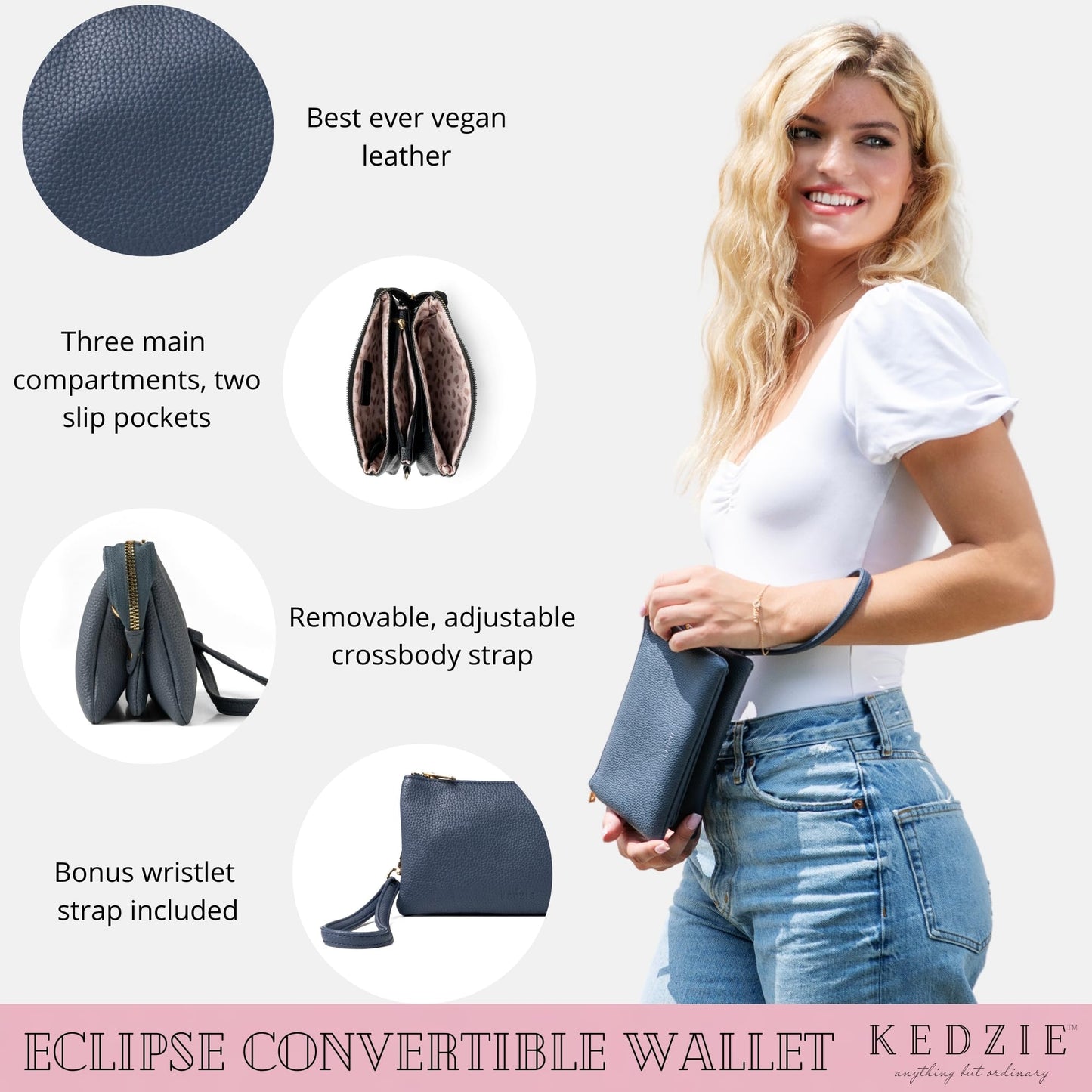 KEDZIE Eclipse Vegan Leather Convertible Purse Wallet Crossbody Handbag Clutch for Women - Navy