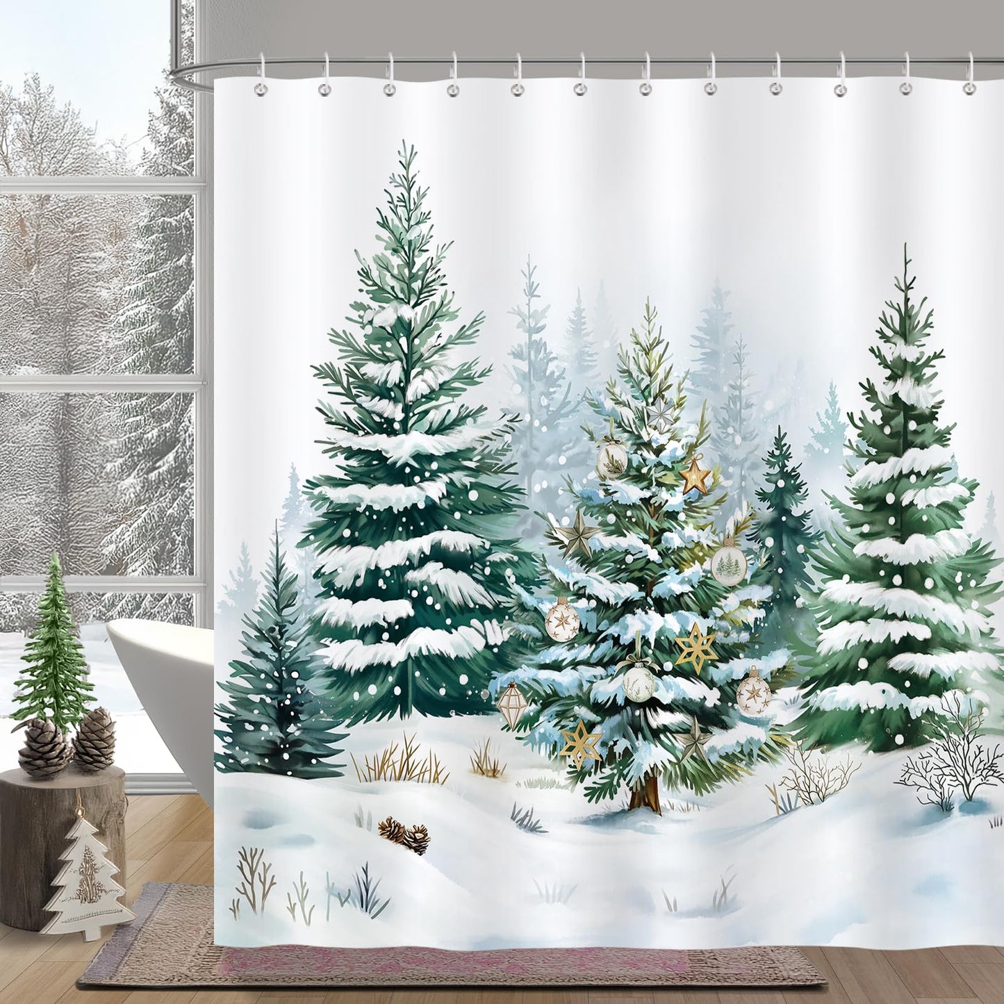 Bonhause Winter Christmas Shower Curtain, Snowy Forest Pine Tree Snow Landscape Bathroom Decor 72 x 72 Inch Polyester Fabric Waterproof Bath Curtain with 12 Hooks