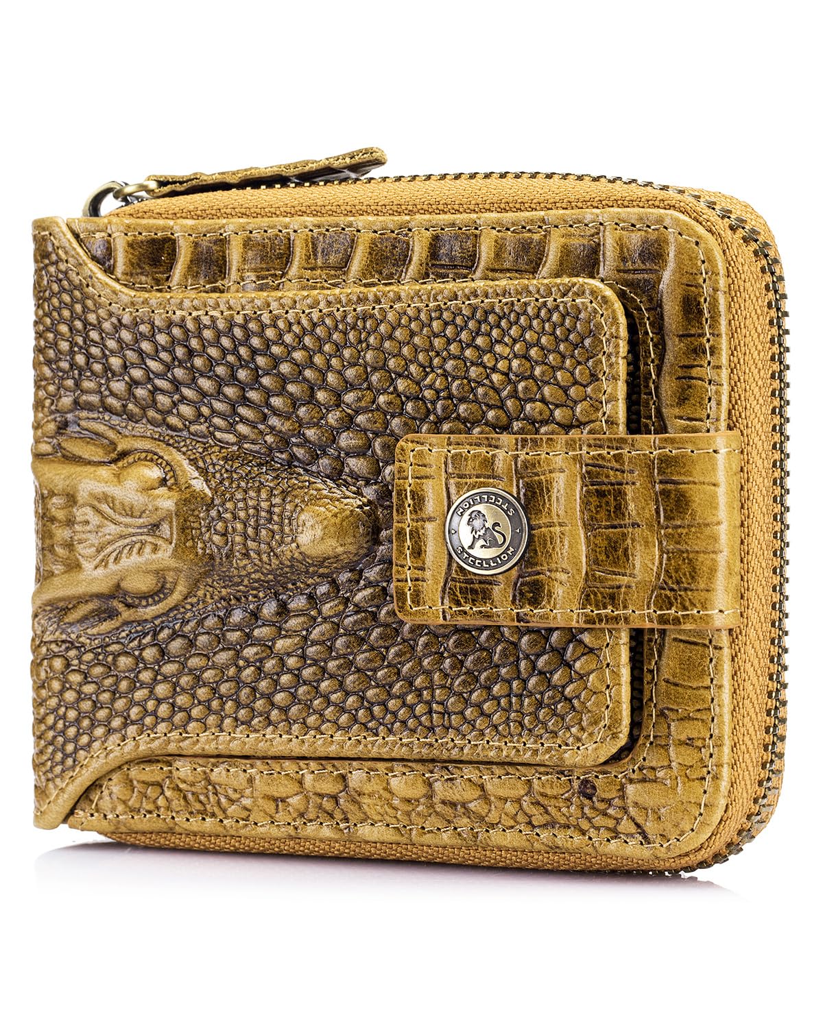STEELLION Men's Genuine Cowhide Leather Wallet, Crocodile Embossed Bifold with 15 Card Slots, RFID Blocking & Secure Zipper Coin Pocket
