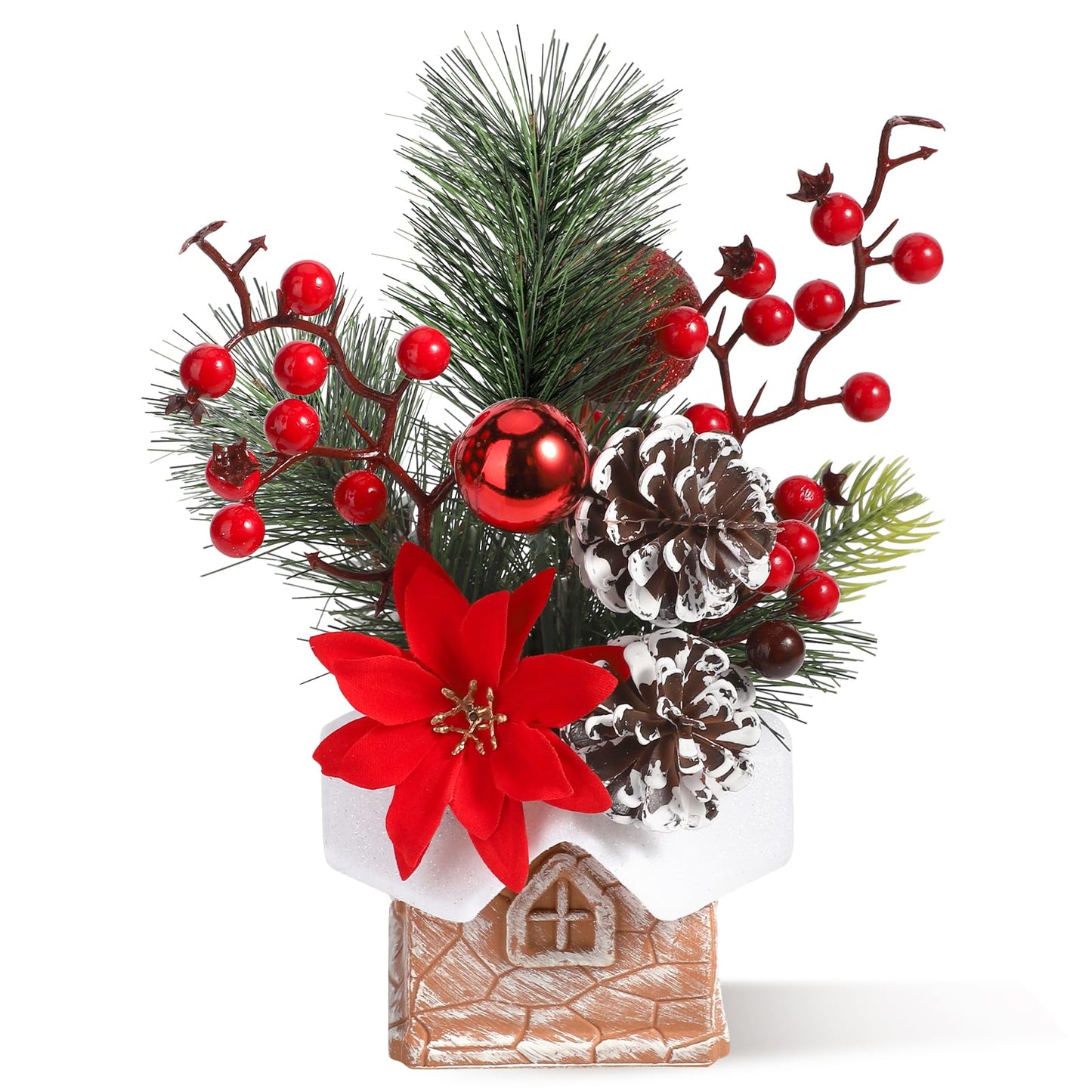 Small Christmas Tree Tabletop Artificial Mini Christmas Tree Decorations with Holiday Ornaments Red Berry Pine Cone Greenery for Home Indoor Fireplace Mantel Xmas Decor (Cabin-Red Flowers)
