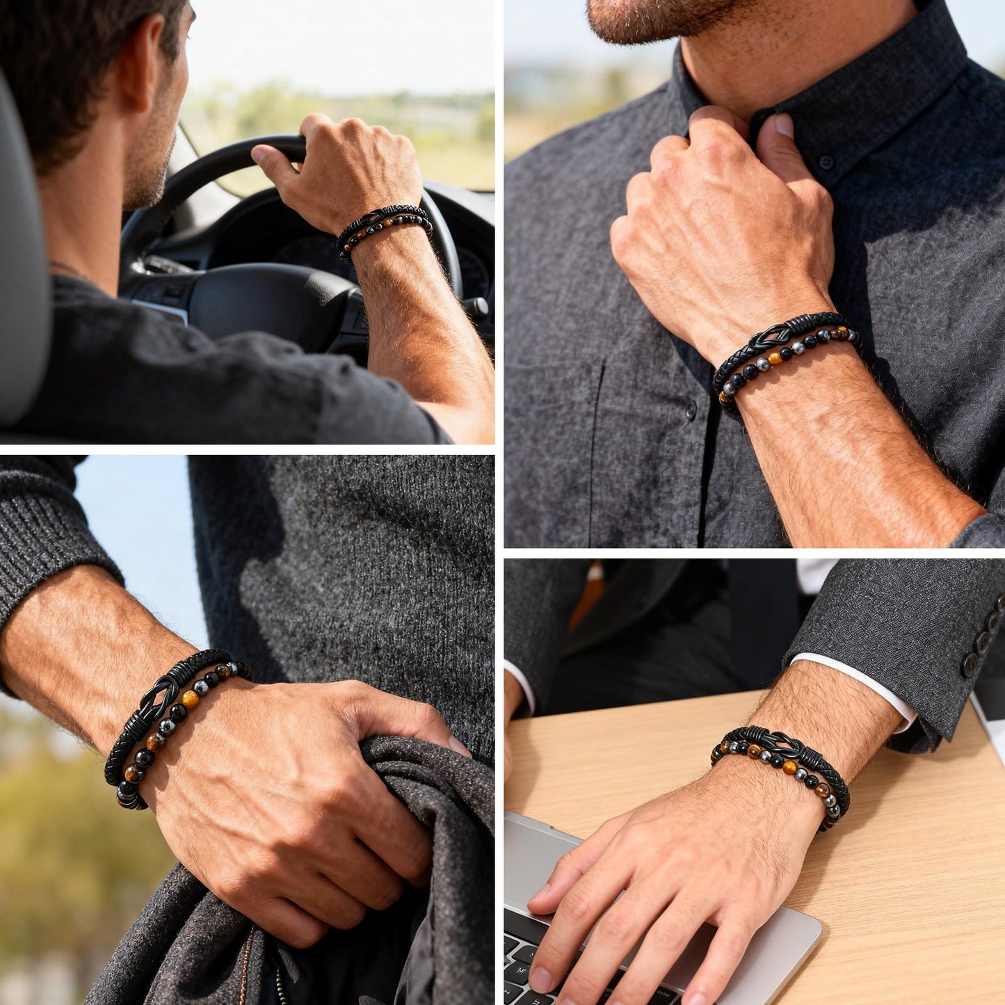 Crystal Infinity Cuff Bracelet Gifts for Men Him-Triple Protection Hematite Black Obsidian Tiger Eye Gemstone Beaded Leather Cuff Bracelets Lettering Love You Forever Healing Gifts for Husband Father's Day