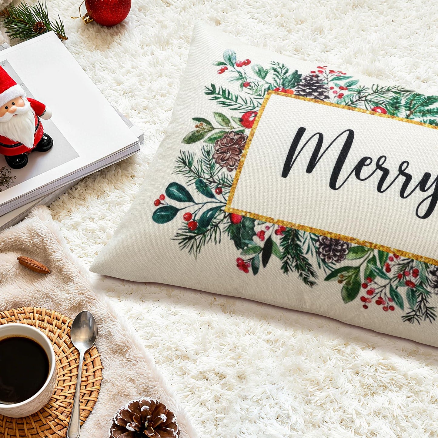 OTOSTAR Merry Bright Christmas Decor Pillow Cover 14x36 Inch Extra Long Lumbar Decorative Throw Pillow Case Eucalyptus Mistletoe Winter Holiday Cushion Cover for Couch Bed Sofa Decor (Merry & Bright)