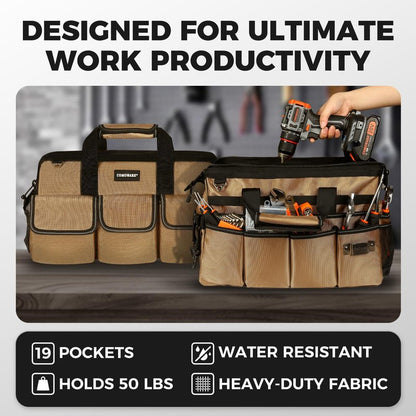 COMOWARE 16" Tool Bag, 19-Pocket Heavy Duty Tool Organizer with Adjustable 51.2" Shoulder Strap, 1680D Oxford Fabric & PVC Coating, Reflective Strips, Tactical Loops, Mechanics, Plumbers, DIY