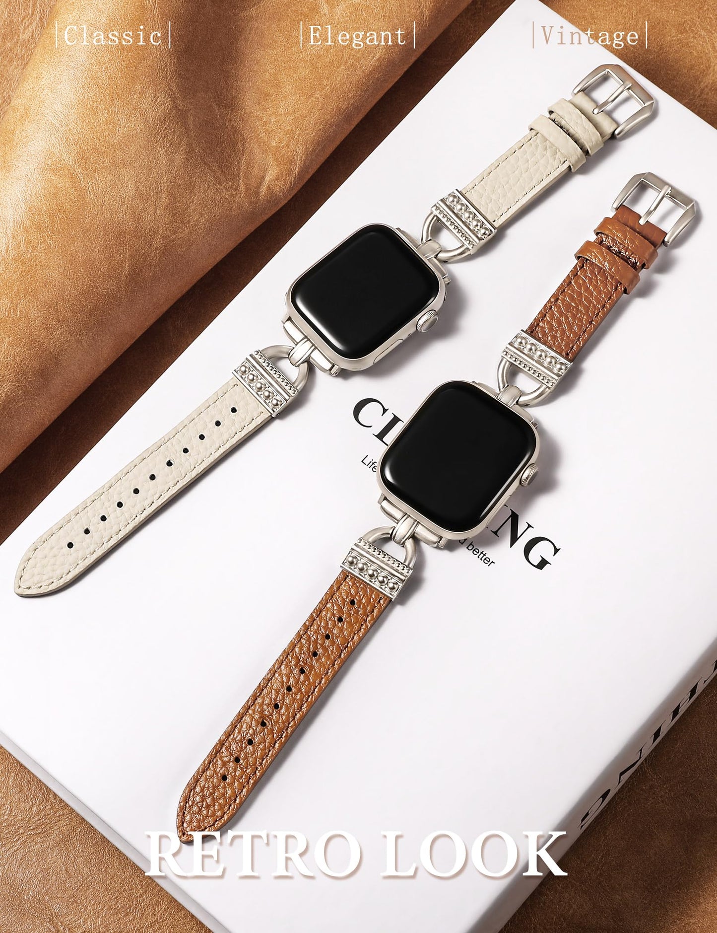 TOYOUTHS Compatible with Apple Watch Band Women Leather 42/41/40/38mm Dressy Thin Leather Strap with Designer D-Shaped Metal Buckle Bracelet for iWatch Series 11/10/9/8/7/6/5/4/3/2/1/SE, Starlight