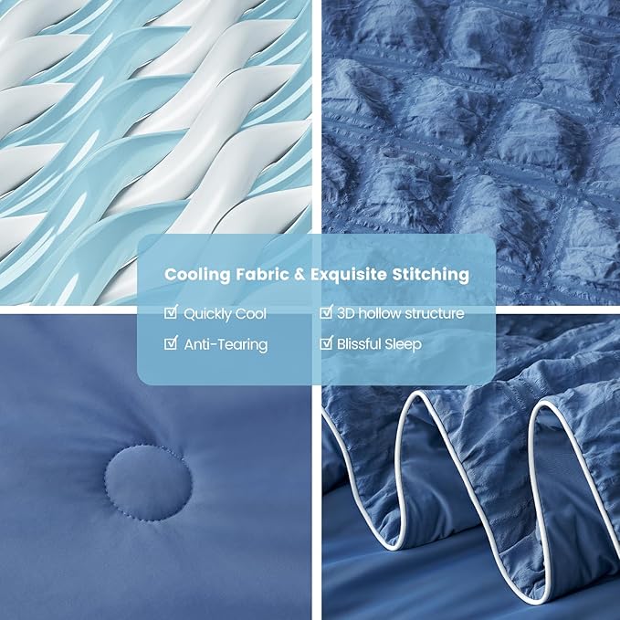 Cozy Bliss Cooling Comforter Seersucker Plaid Queen, Q-Max 0.4 Reversible Lightweight Cooling Blanket, Breathable Silk Smooth Summer Bedding Quilt for Hot Sleepers Night Sweats Denim Blue
