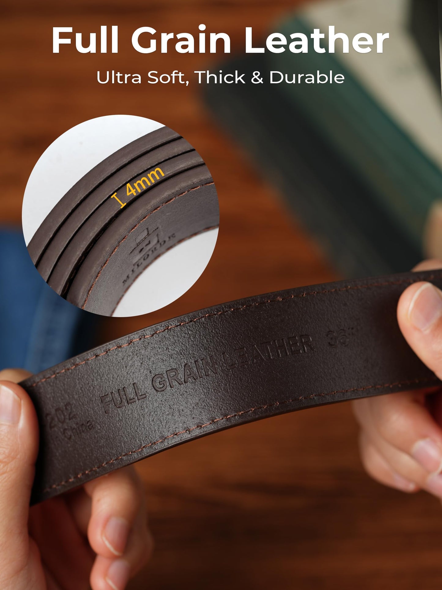 MILORDE Men's 35mm Jean Leather Belt，Handmade, Full Grain Leather for Jeans Casual daily Wear (Dark Brown 202, 34)