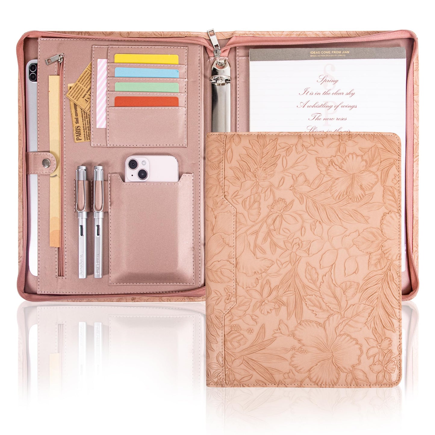 Calfinder Padfolio for Women,Embossed Leather 3 Ring Portfolio Binder,Business Portfolio Organizer with Tablet/Documents Holder,Leather Pink Padfolio Binder for Interview/Office,Valentine's Day Gift