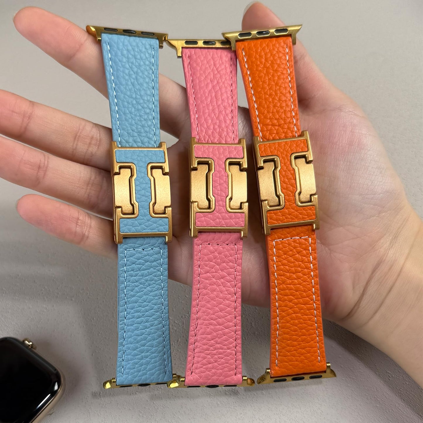 Leather Band Compatible with Apple Watch BandUltra 2 1 Series 10/9/8/7/6/5/4/SE,H-Shaped Buckle strap for iWatch 38/40/41/42/44/45/46/49mm Women Men (Orange Band + Gold H Buckle, 38mm 40mm 41mm 42mm)