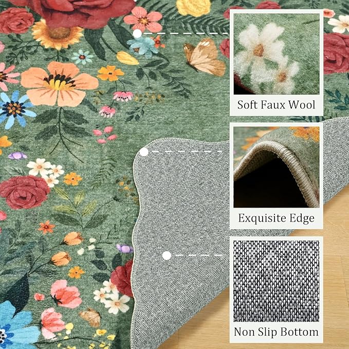 Kitchen Rug Runners for Hallways: 2x6 Washable Runner Rugs for Kitchen Ultra Thin Stain Resistant Non Slip Low Pile Lightweight Vintage Floral Carpet for Laundry Room, Bedside Decor (Green)