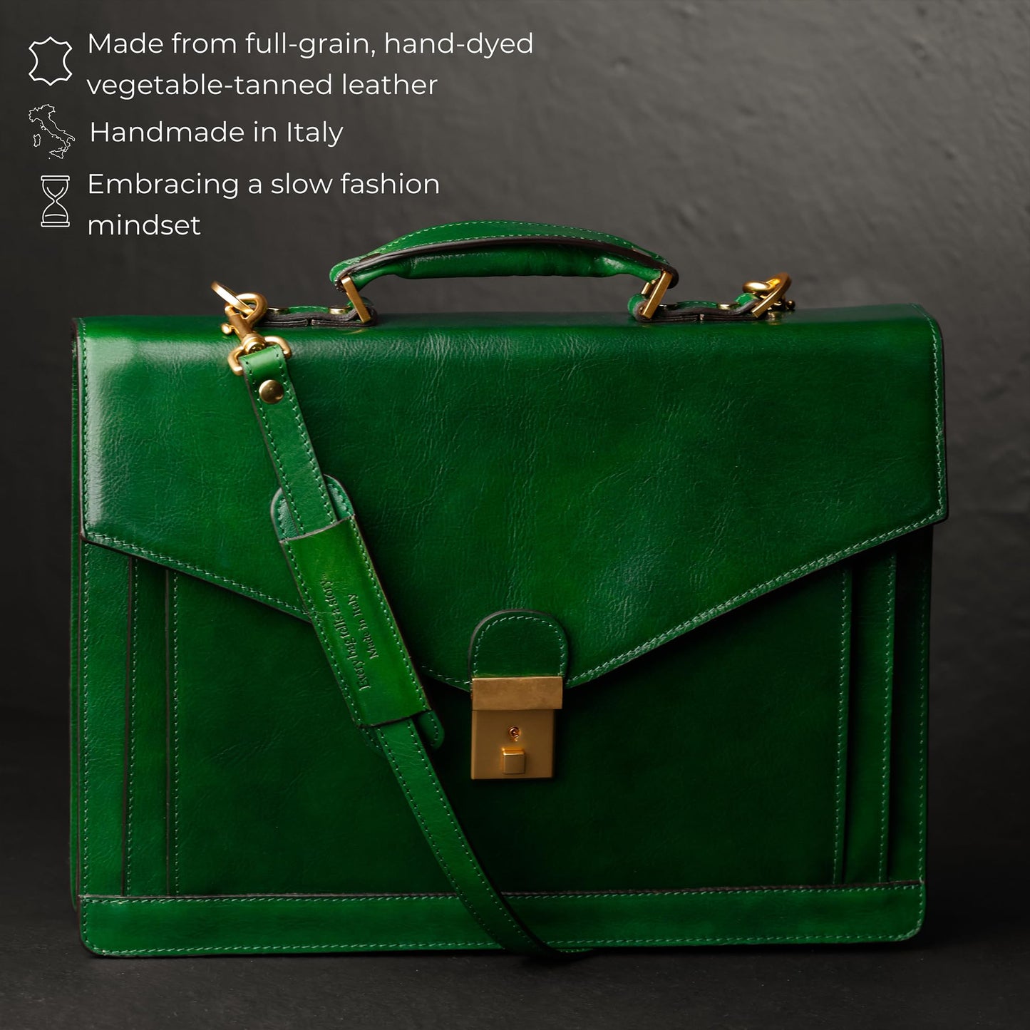 Time Resistance Leather Briefcase for Men - Business Laptop Bag - Italian Handmade Leather Bag - Attache - Gift Box Included (Green)