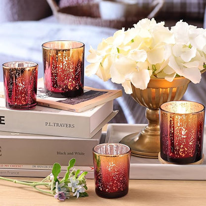 Volens 12pcs Assorted Burgundy Votive Candle Holders, Large Speckles Mercury Glass Votive & Tealight Candle Holder Bulk for Wedding Table Centerpiece, Burgundy and Gold Themed Party Decorations