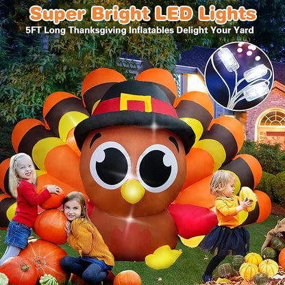 Thanksgiving Inflatables Turkey Outdoor Decorations 8FT Fall Inflatable Turkey with Built-in LED Lights with Big Tail Blow up Outdoor Lawn Yard Decoration