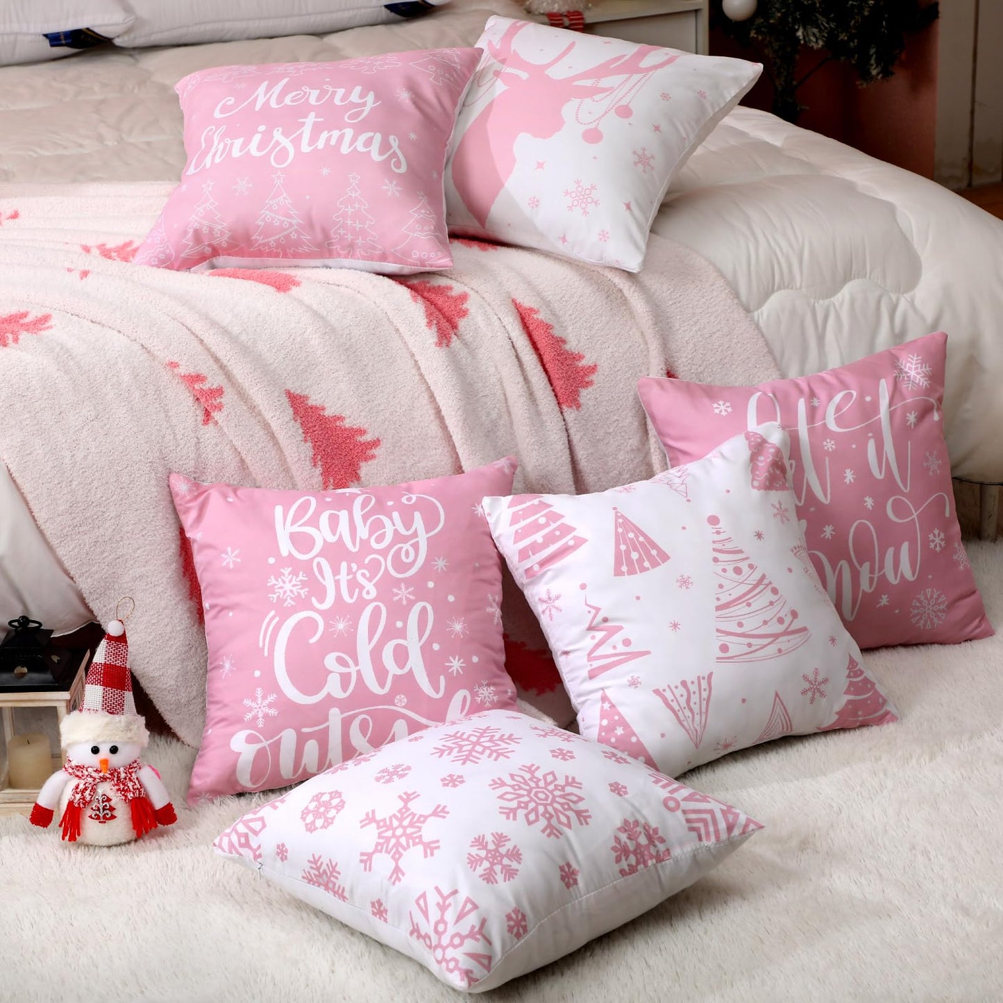 VitalCozy 6 Pcs 18 x 18 inch Christmas Throw Pillow Covers Xmas Cushion Covers Pillow Cases Snowflake Winter Throw Pillow Covers Christmas Decor for Bedroom Sofa Couch Cushion Square Home (Pink)