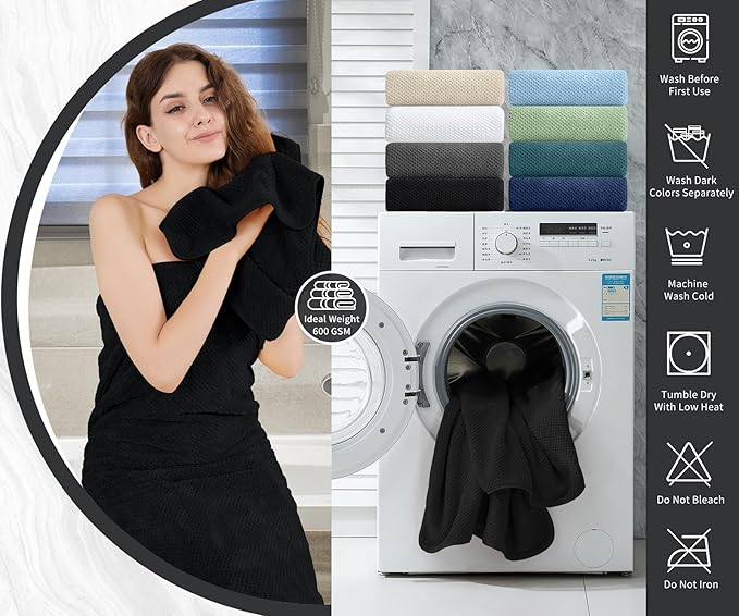 8 Piece Bathroom Towel Set Black |2 Oversized Large Bath Towels Sheet, 2 Hand