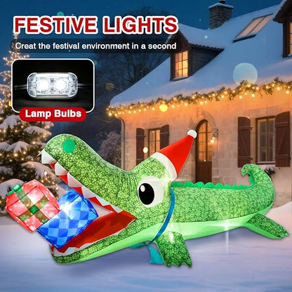 9.3 FT Christmas Inflatable Outdoor Decorations, Inflatables Christmas Crocodile Yard Decor with Christmas Hat & Gift Box, Built-in LED Lights Blow up Xmas Alligator for Outside Lawn Garden Indoor