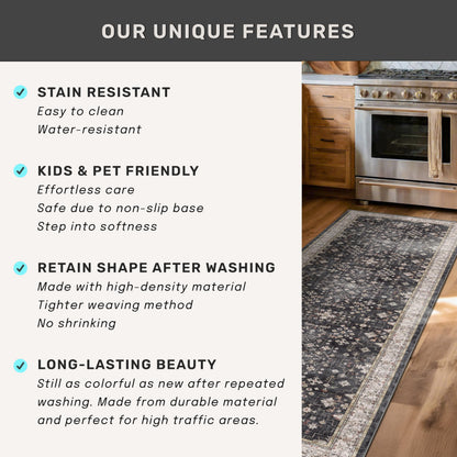 Black Washable Entry Rug, 2x3 Small Rugs for Entryway Kitchen Bathroom Door Mat Indoor Entrance, Non Slip Rubber Backing, Stain & Fade Resistant, Ashen Charcoal Floral Decor
